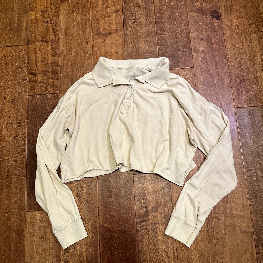 American Eagle Cream Long Sleeve Cropped Polo Top Size Small